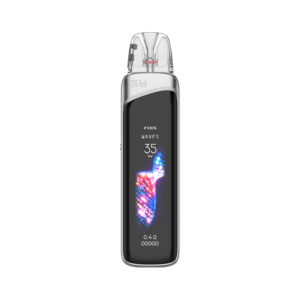 Metallic charcoal CALIBURN G4 PRO pod system showcasing the large OLED display and integrated adjustment buttons.
