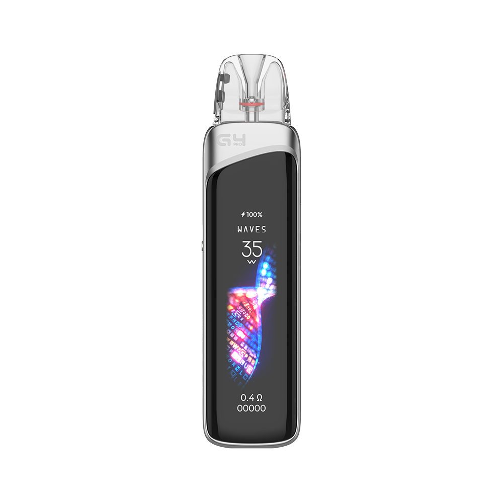 Metallic charcoal CALIBURN G4 PRO pod system showcasing the large OLED display and integrated adjustment buttons.