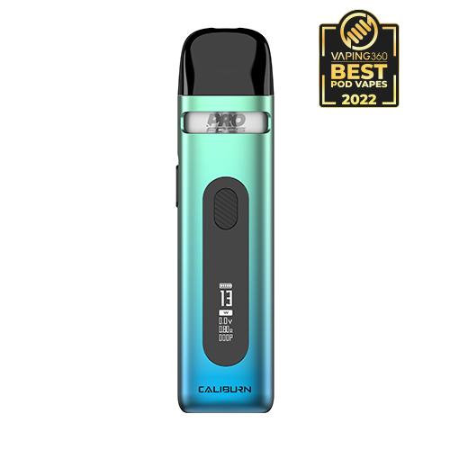 Uwell CALIBURN X Pod Kit showing OLED screen and adjustable airflow slider.